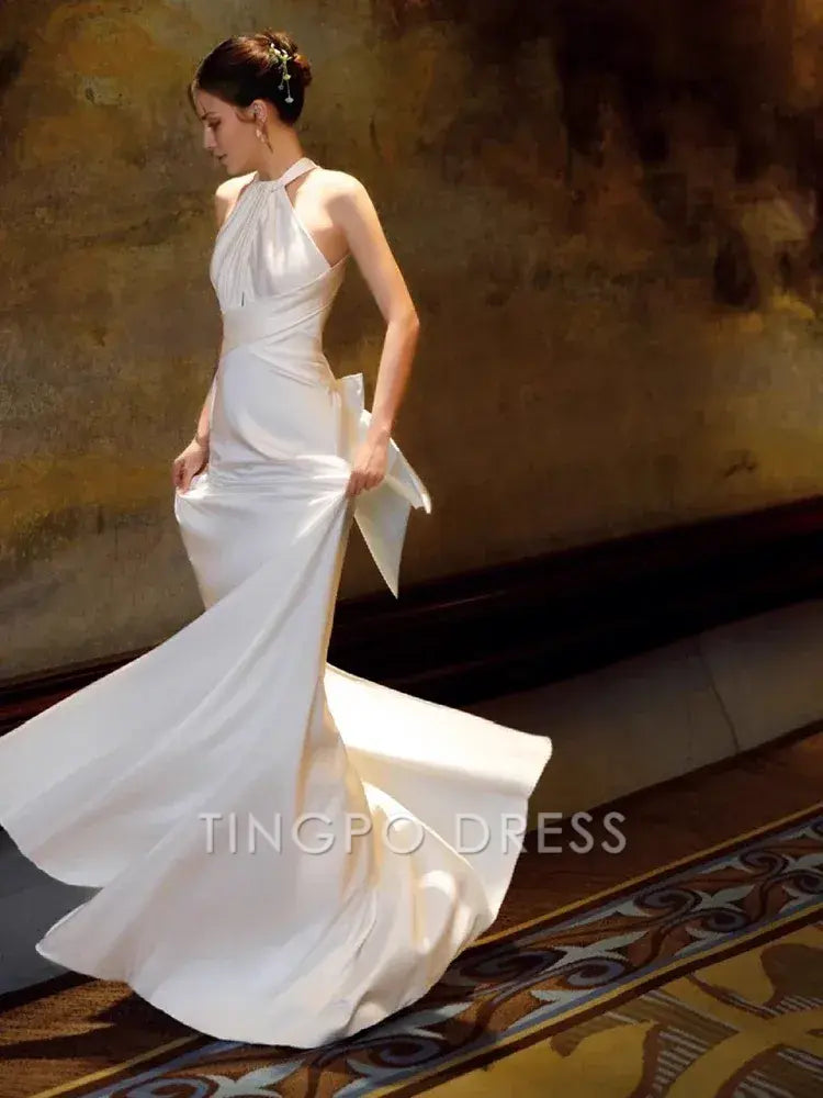TingPo Wholesale Simple Mermaid Halter Party Dresses Long White Prom Dresses